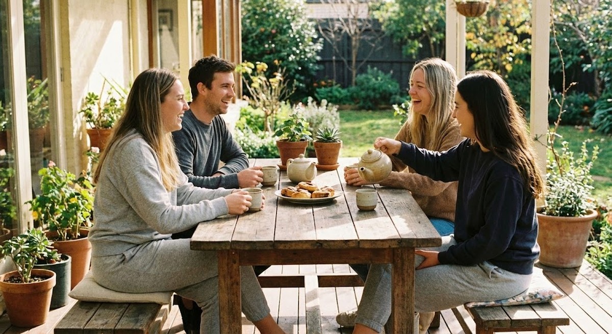 Friends sharing tea together around a table.