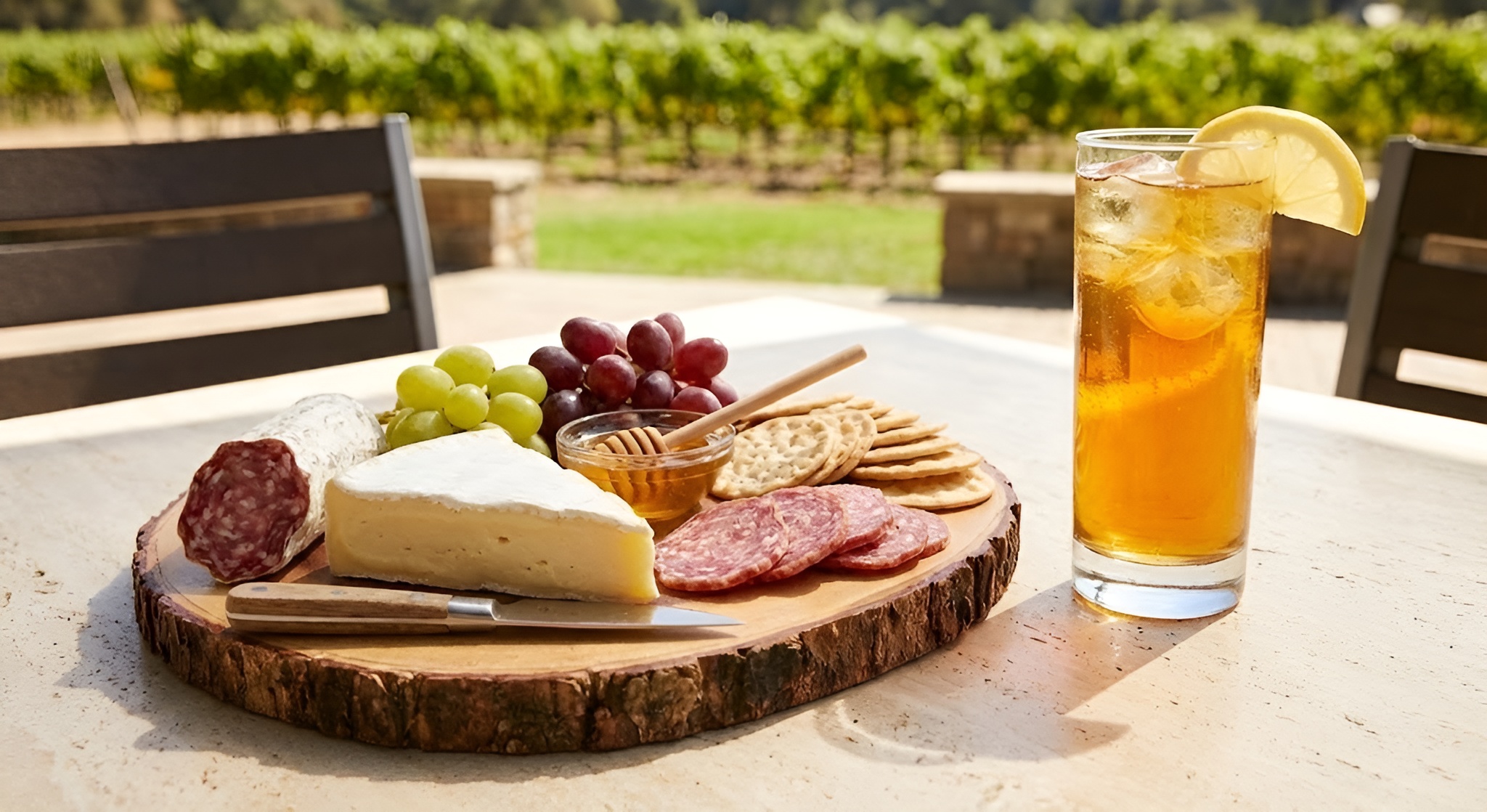 Sparkling tea paired with a cheese board.