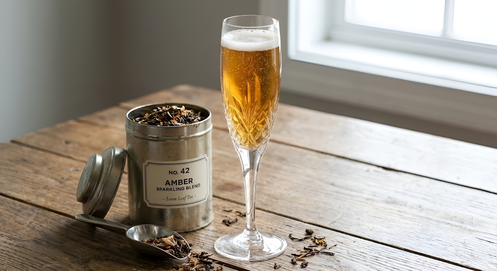 A champagne flute filled with amber sparkling tea.