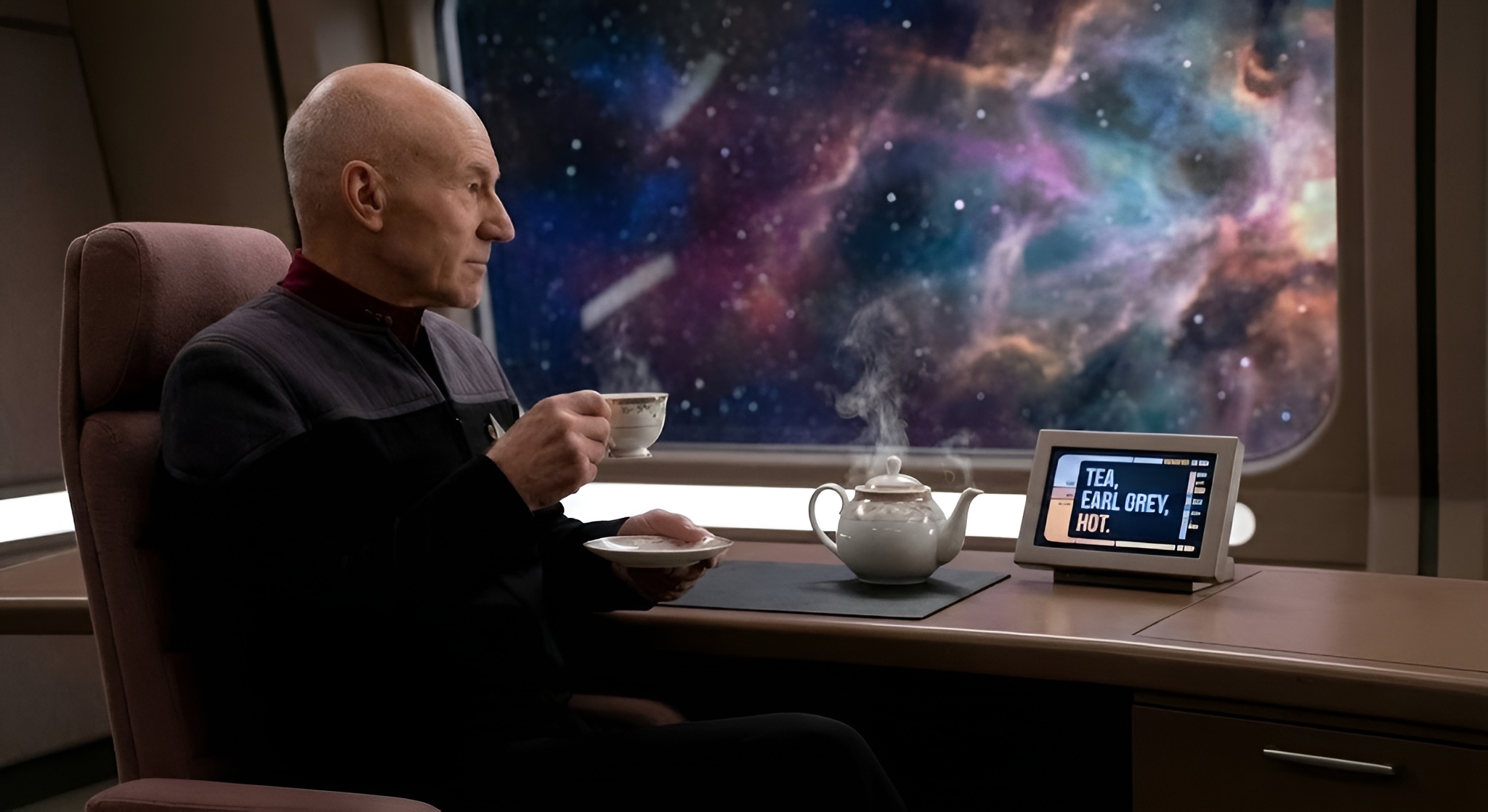 Futuristic glass tea cup in a replicator.