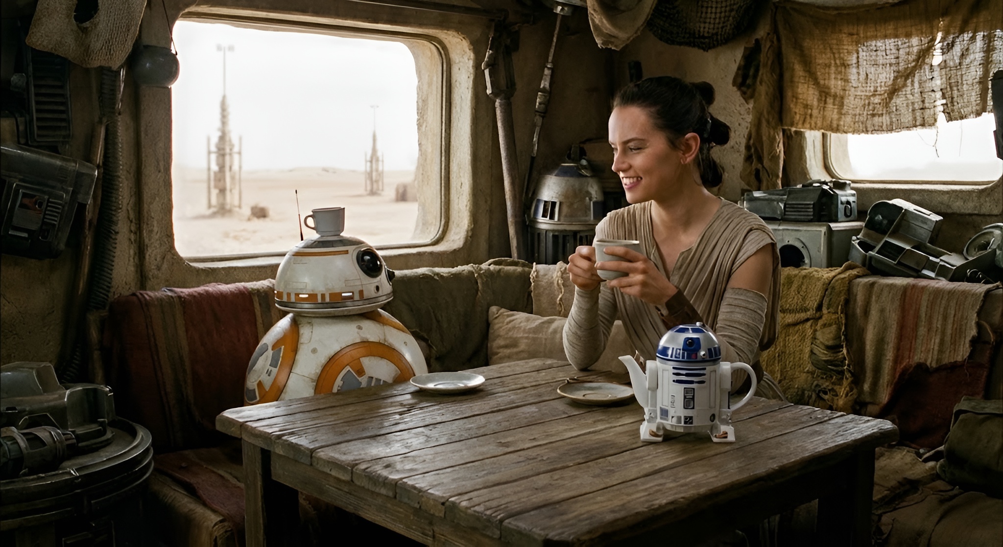 Baby Yoda holding a cup of soup in a floating pod.