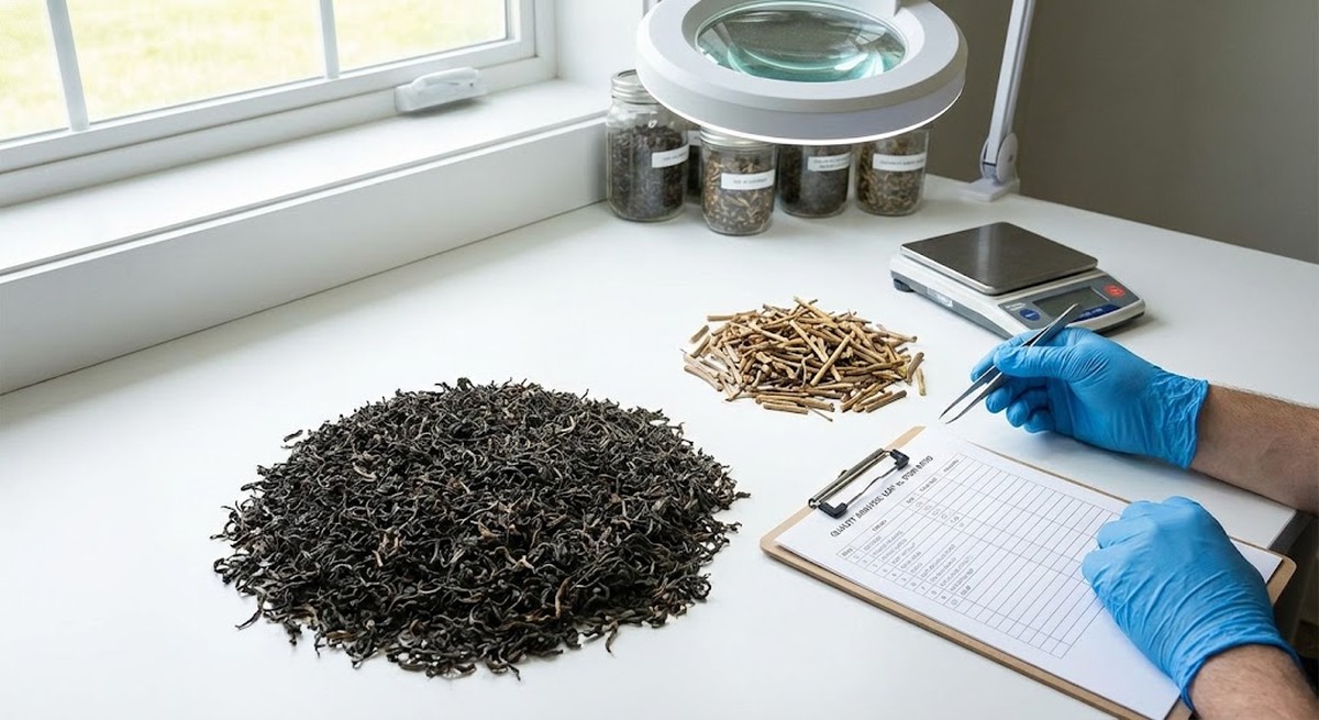 Tea leaves and stems separated for quality analysis.