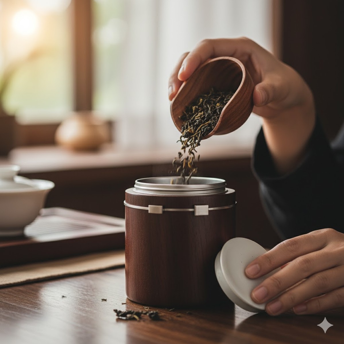 A person pouring loose-leaf tea into an airtight tea caddy.