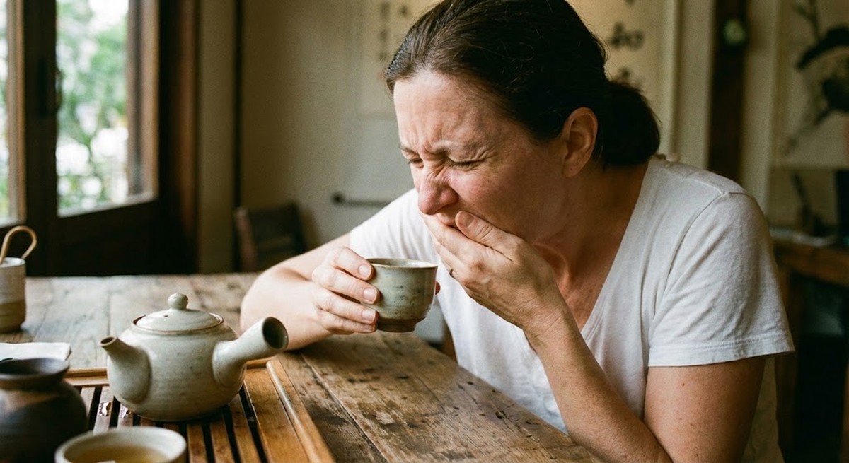 A person reacting strongly to tasting bitter tea.