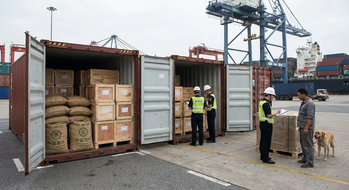 Tea containers at customs inspection port.