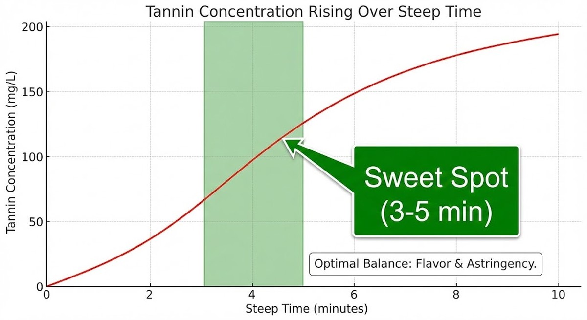 Graph showing tannin concentration rising over steep time with sweet spot window.
