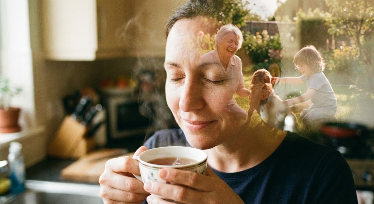 A person smelling tea with memory flashback overlay.