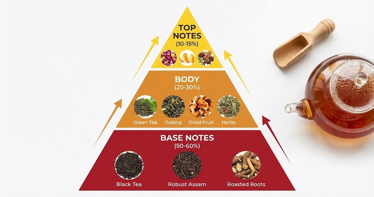 Professional tea blending ratios showing base notes body and top notes pyramid