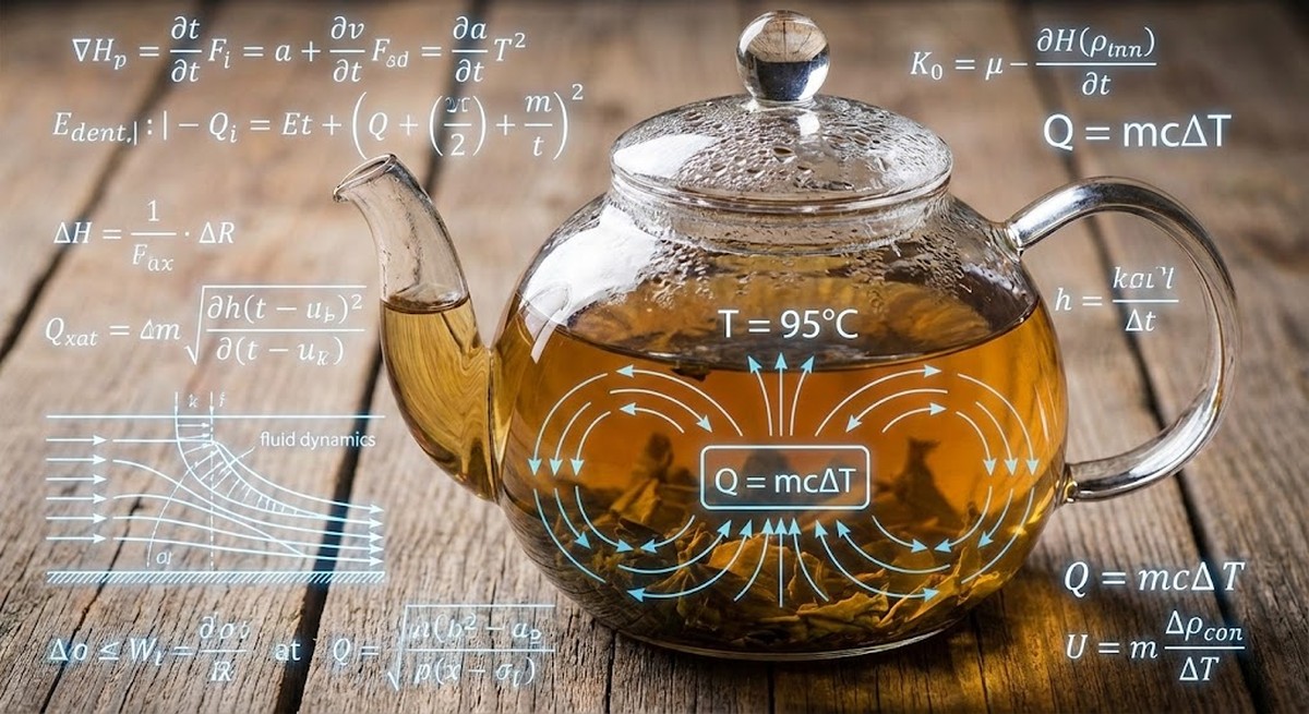 Mathematical formulas and physics diagrams overlaid on brewing tea.
