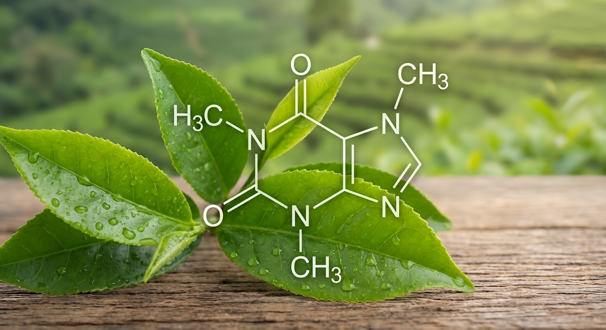 Caffeine molecule over tea leaf.