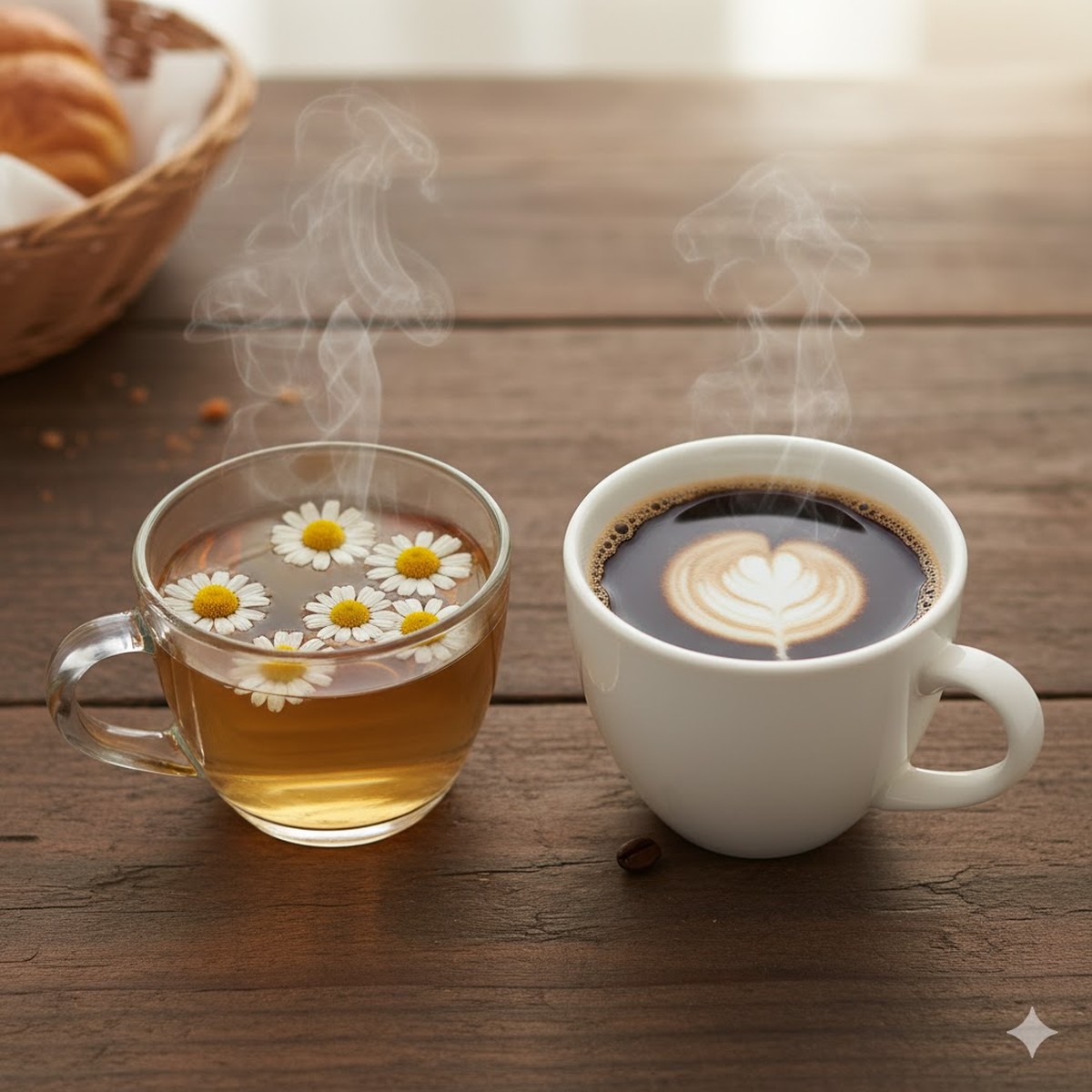A cup of tea next to a cup of coffee on a wooden table.