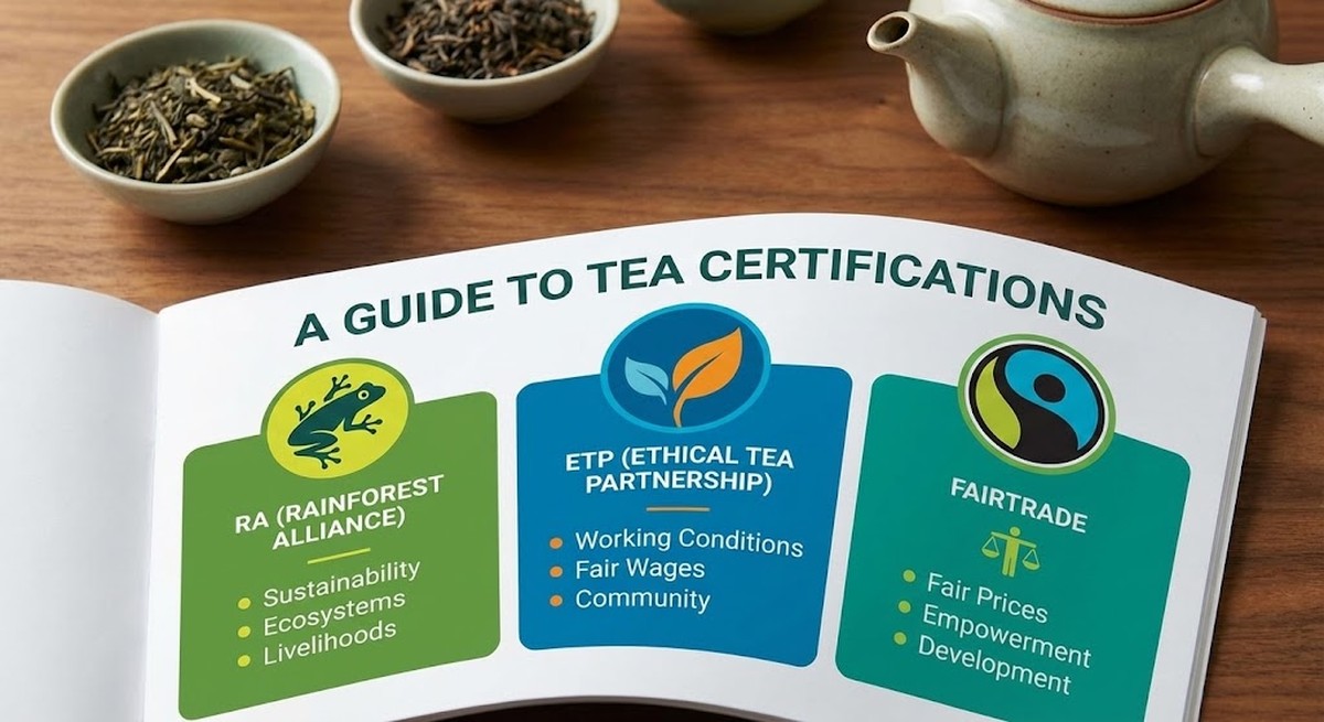 A variety of tea boxes with different certification logos.