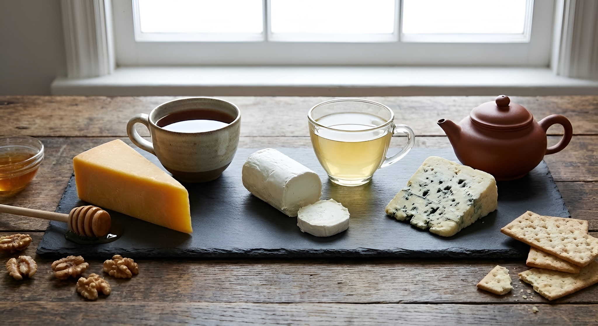 A cheese board paired with a glass teapot.
