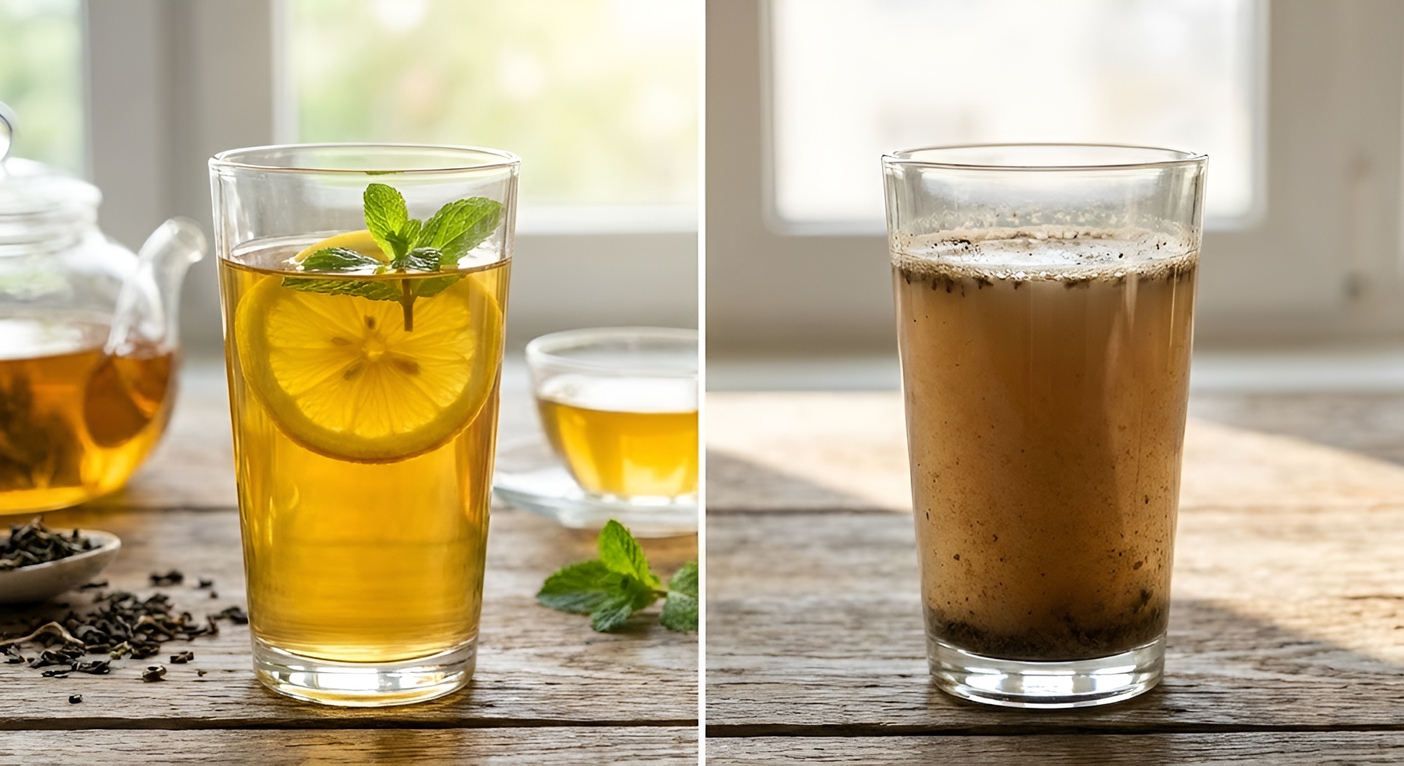 A glass of cloudy iced tea next to a clear one.