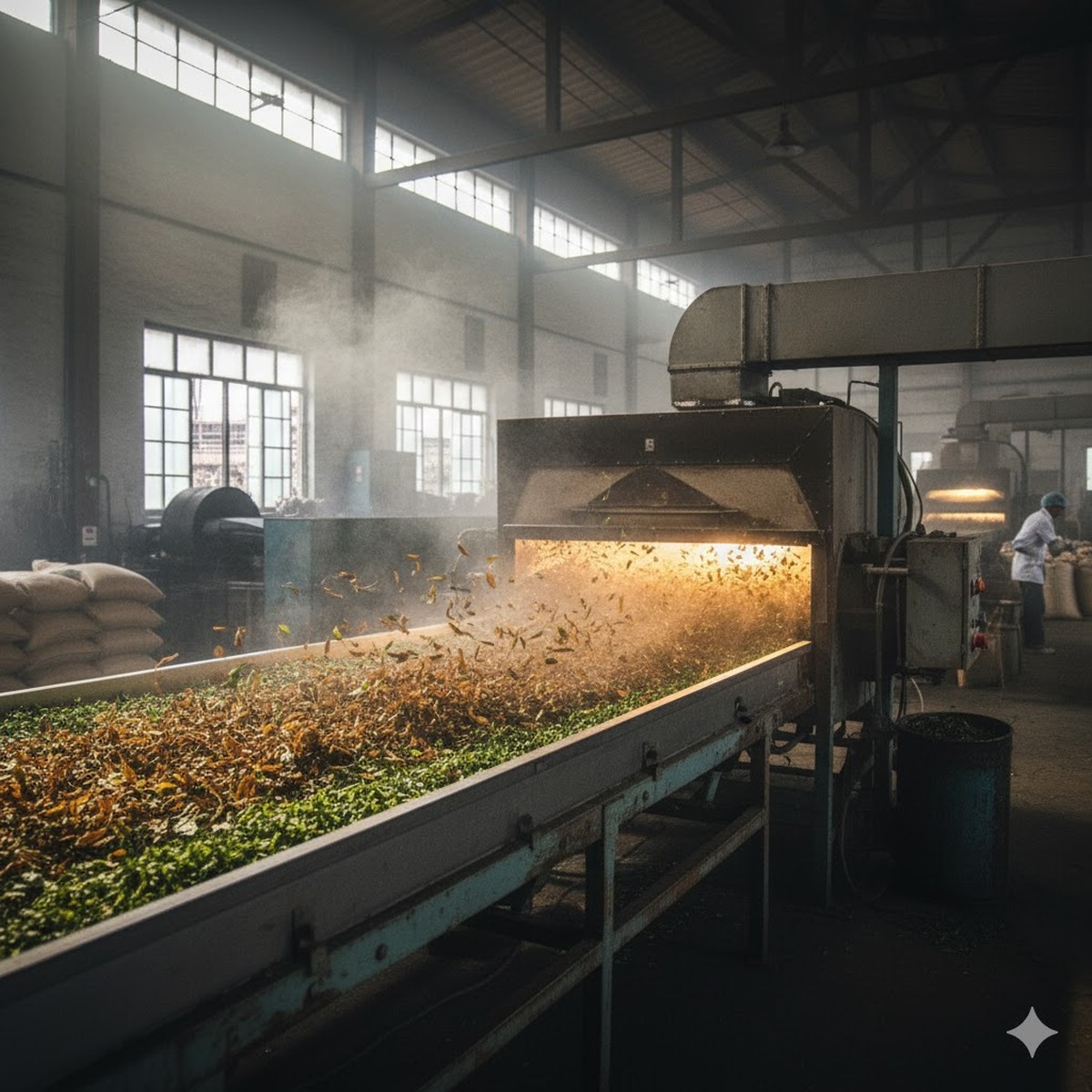Teas being dried in a conventional fluid-bed dryer as they near there final stage of tea processing and manufacture.