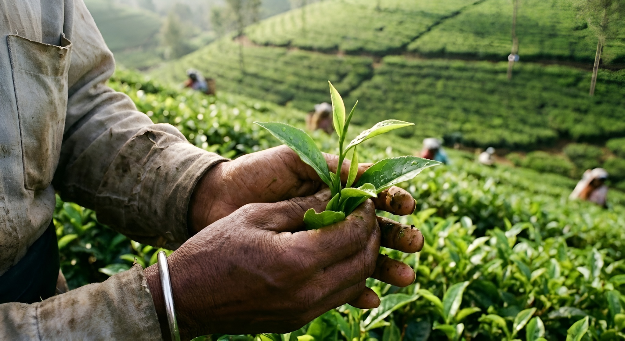 A tea picker harvesting leaves in a green field.