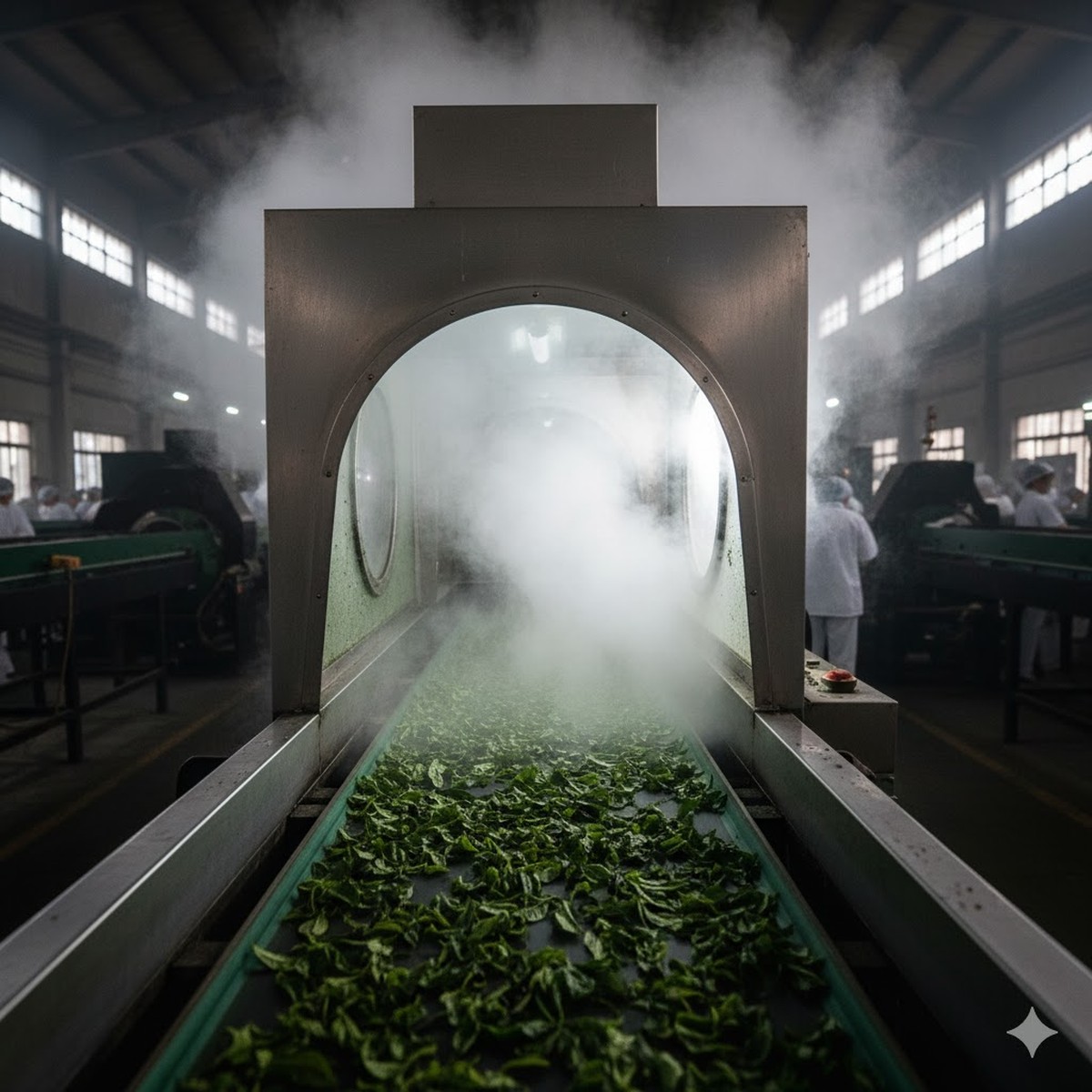 Withered and bruised tea leaves making their way through a steam chamber for fixing during green tea manufacture process.