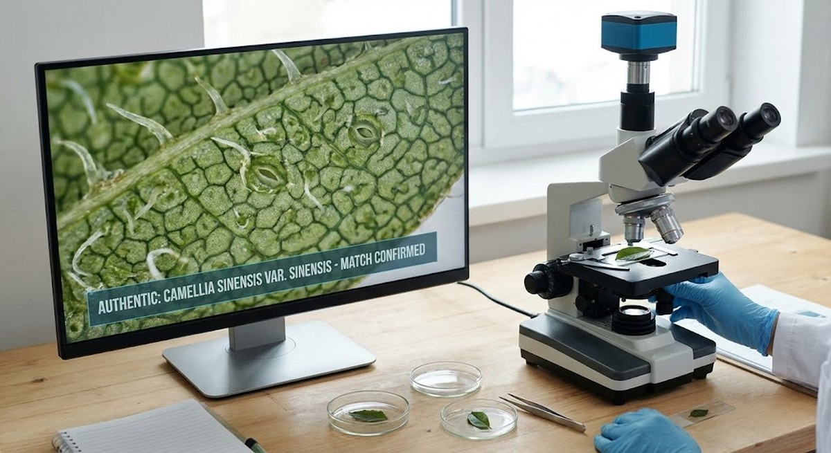 Microscope examining tea leaf structures for authentication.