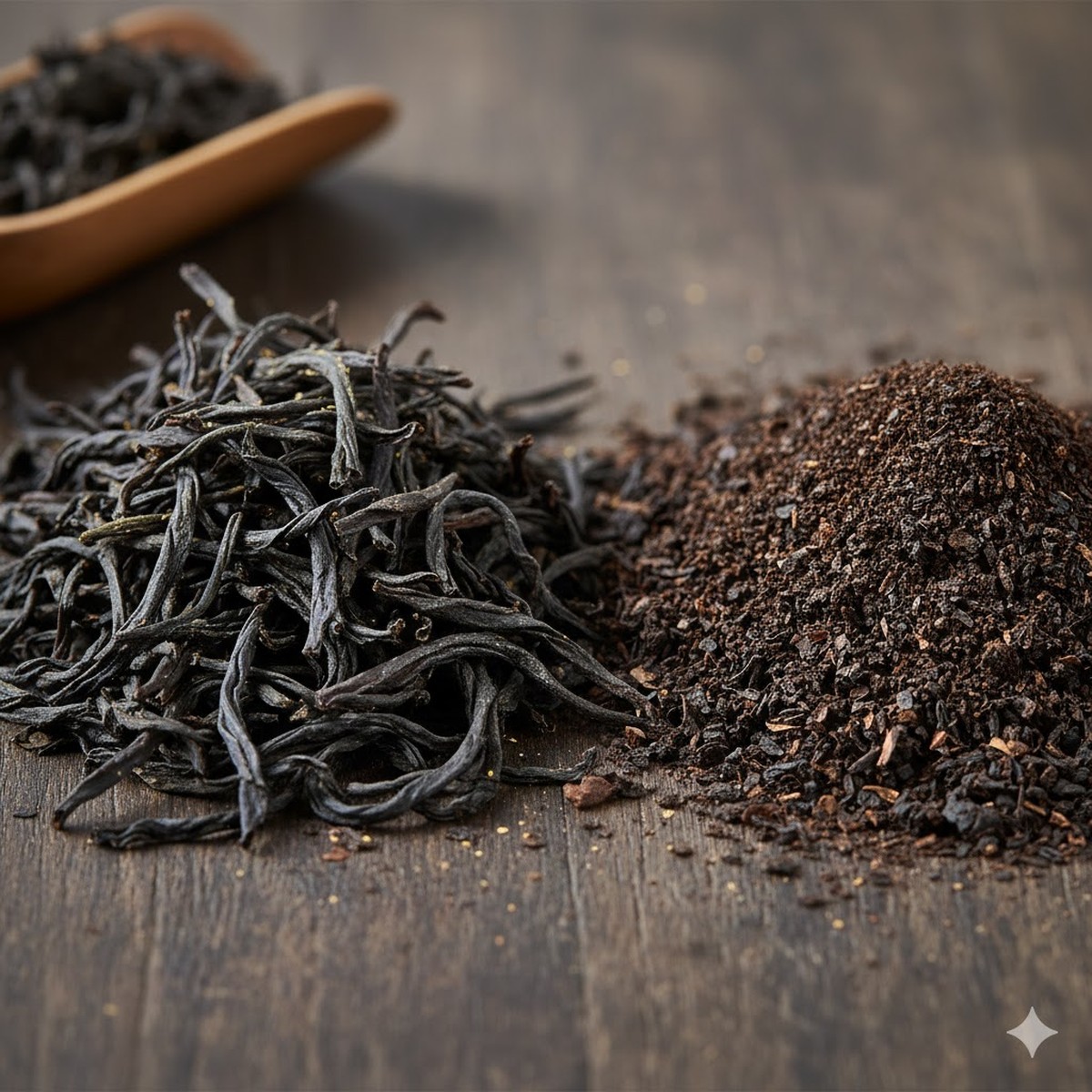 A close-up of whole leaf tea next to smaller broken tea leaves.