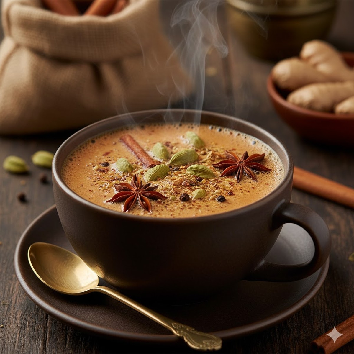 A steaming cup of masala chai, rich with spices like cardamom and star anise.