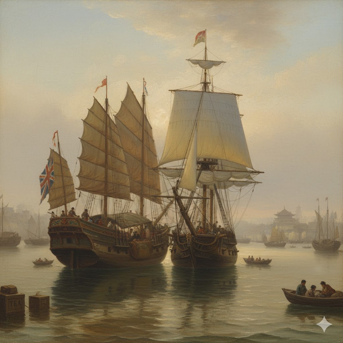 A 19th-century painting of a British trade ship and a Chinese junk.