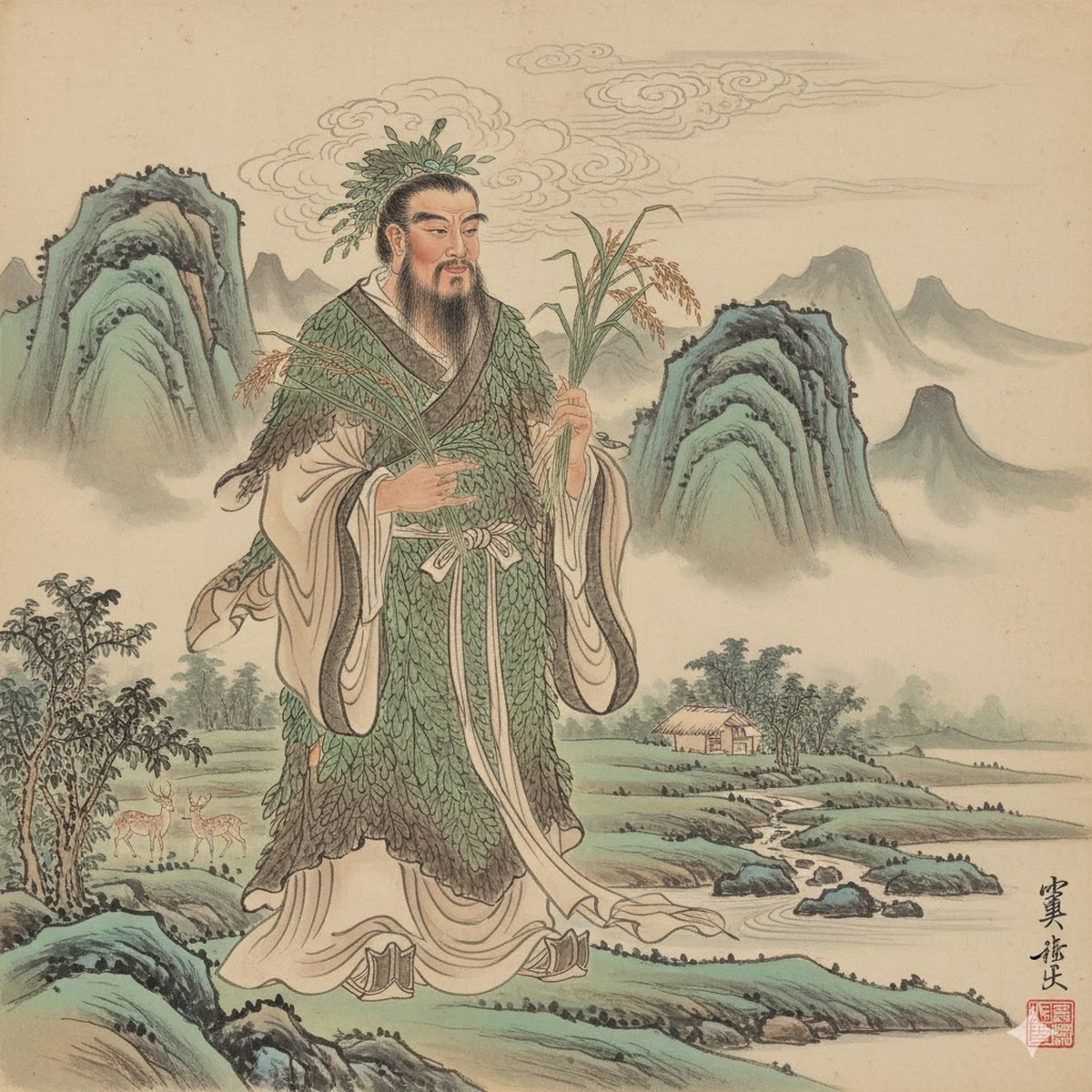 A traditional Chinese painting of the mythical emperor Shennong.