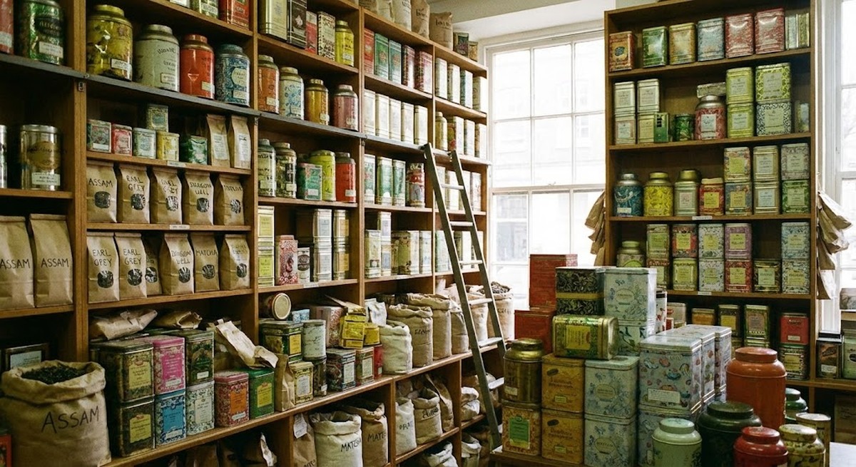 Shelves packed with hundreds of tea tins and bags.