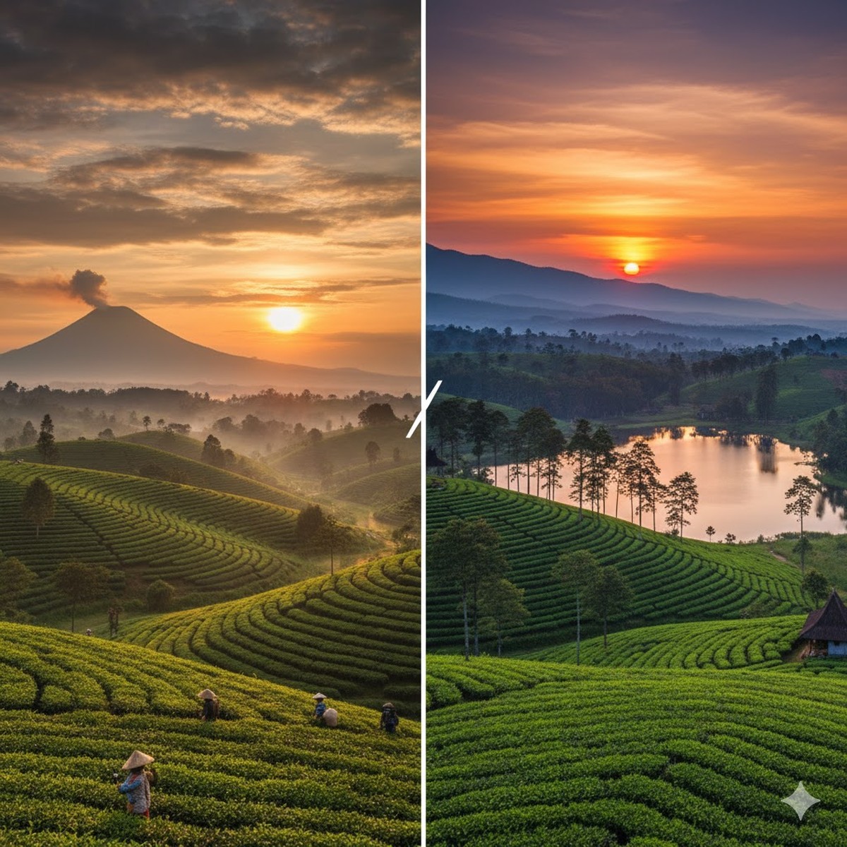 A split image of Sumatra and Java tea estates each with a beautiful setting sun.