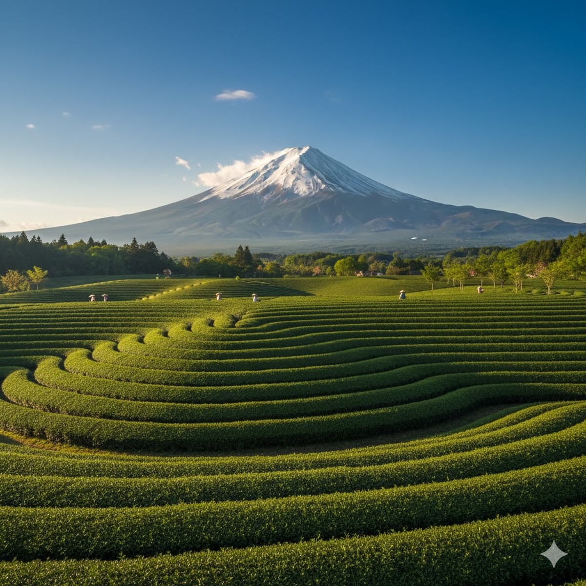 Mount Fuji standing proud with a perfectly sculpted tea garden in the forefront.