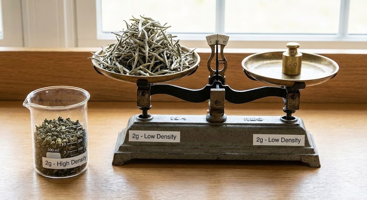 A scale measuring tea leaves next to volumetric spoon showing different densities.