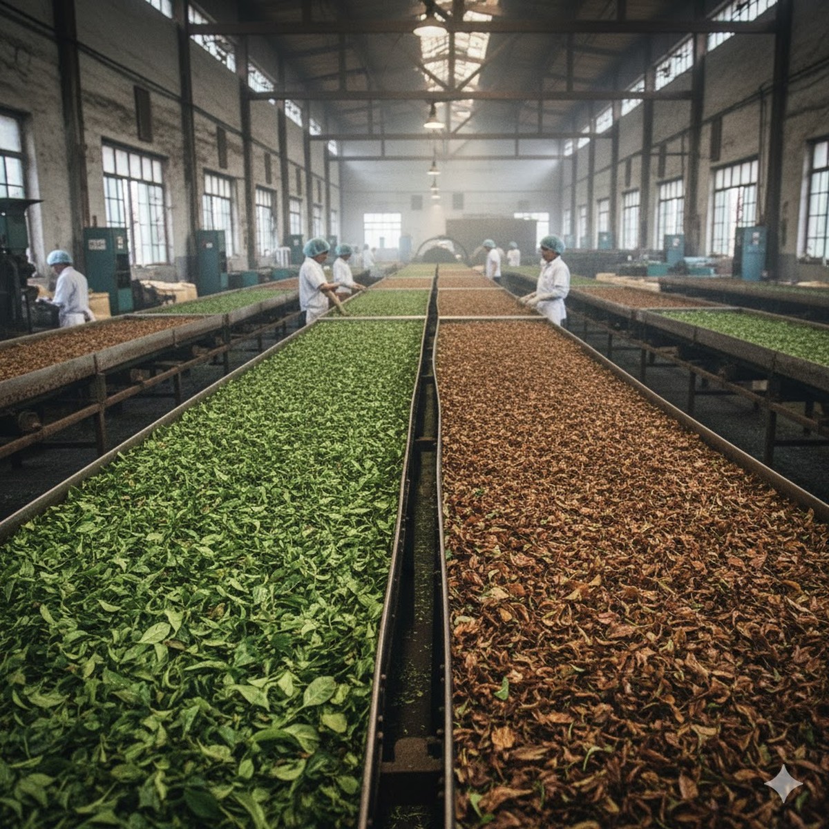 Tea leaves oxidising on a line showing the color change from green to coppery brown as leaf becomes oxidised.