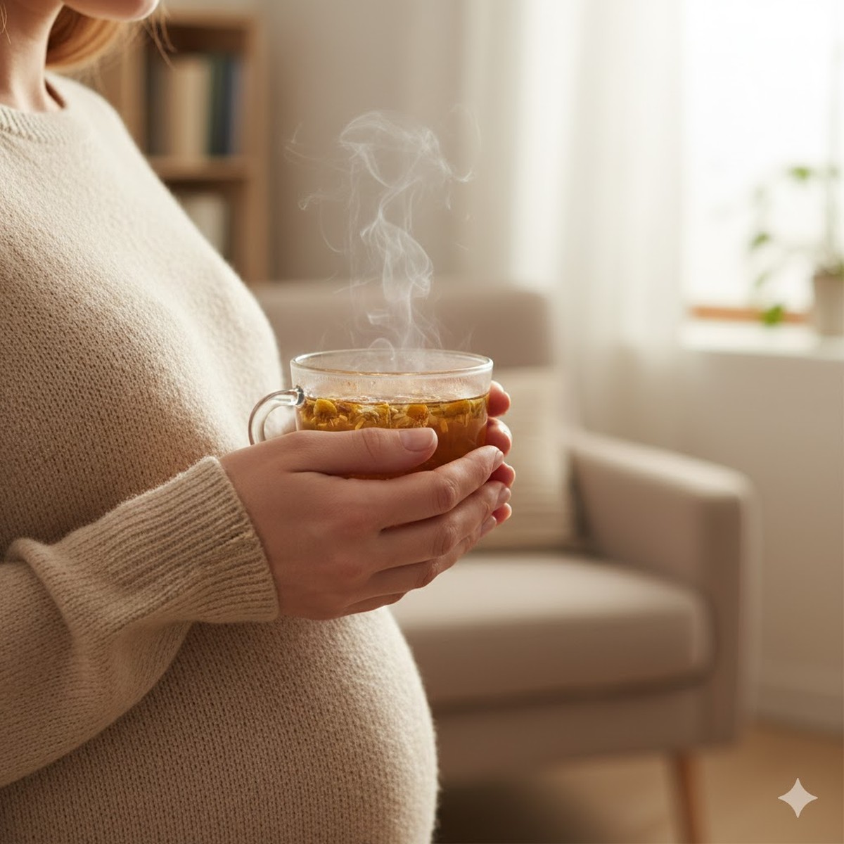 A close-up of a pregnant woman clutching a cup of tea in her hands.