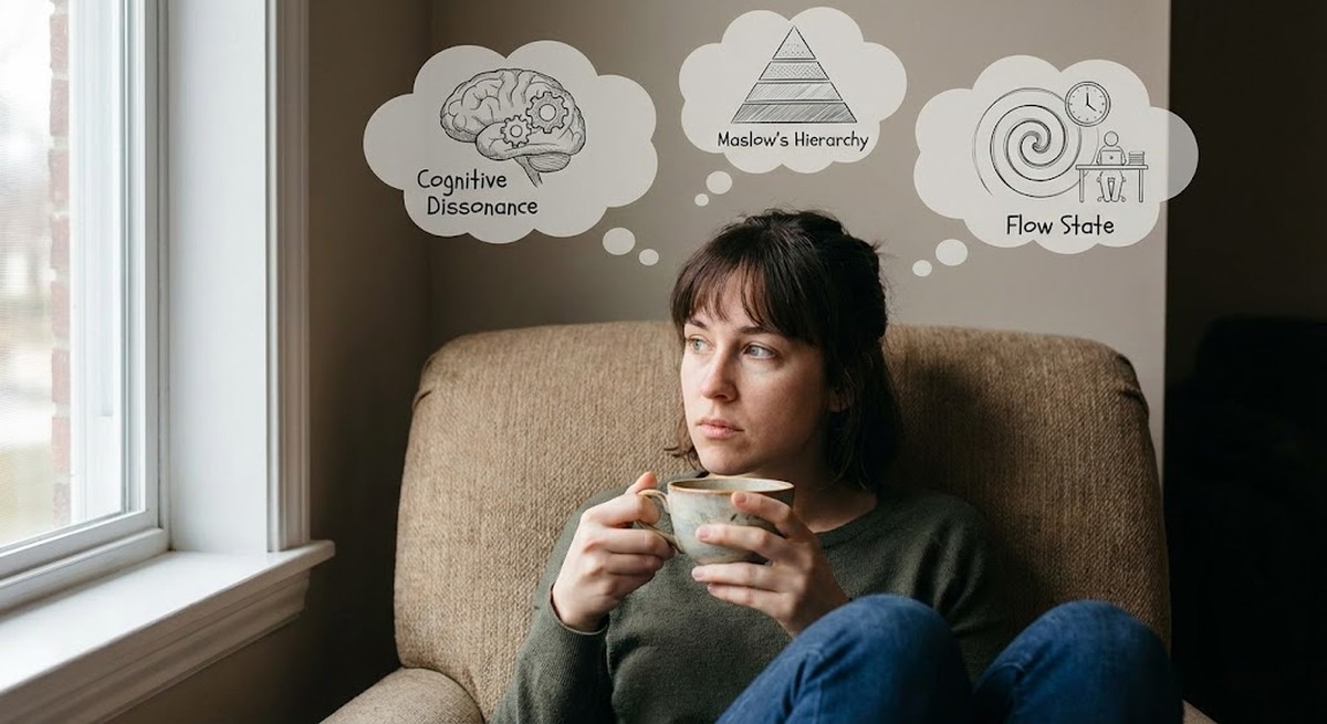 A person holding a teacup with thought bubbles showing psychological concepts.