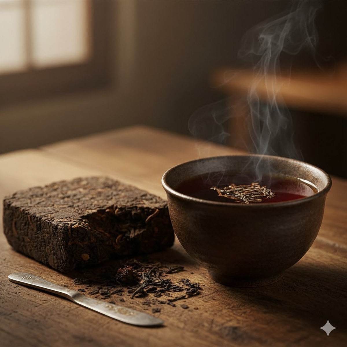 A cup of brewed pu-erh tea next to a broken pu-erh tea brick.