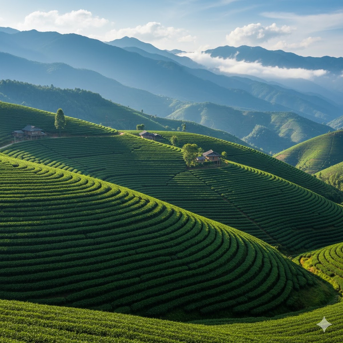 A beautiful, lush green tea terrace cascading down a mountainside.