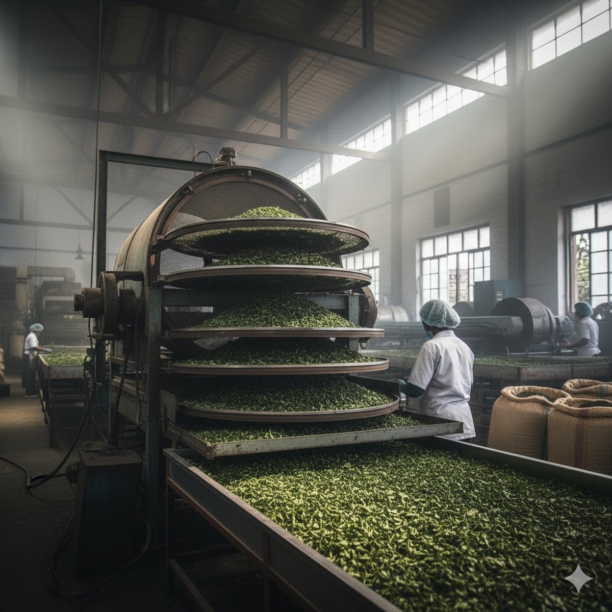 Final made teas being put through as mechanical sieve to separate different sizes ready for final packing.