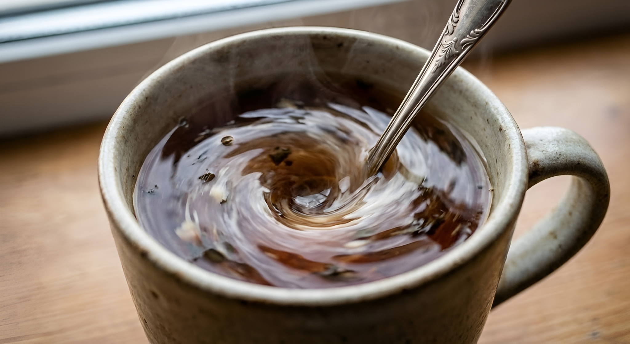 Overhead view of a spoon stirring tea in a vortex.