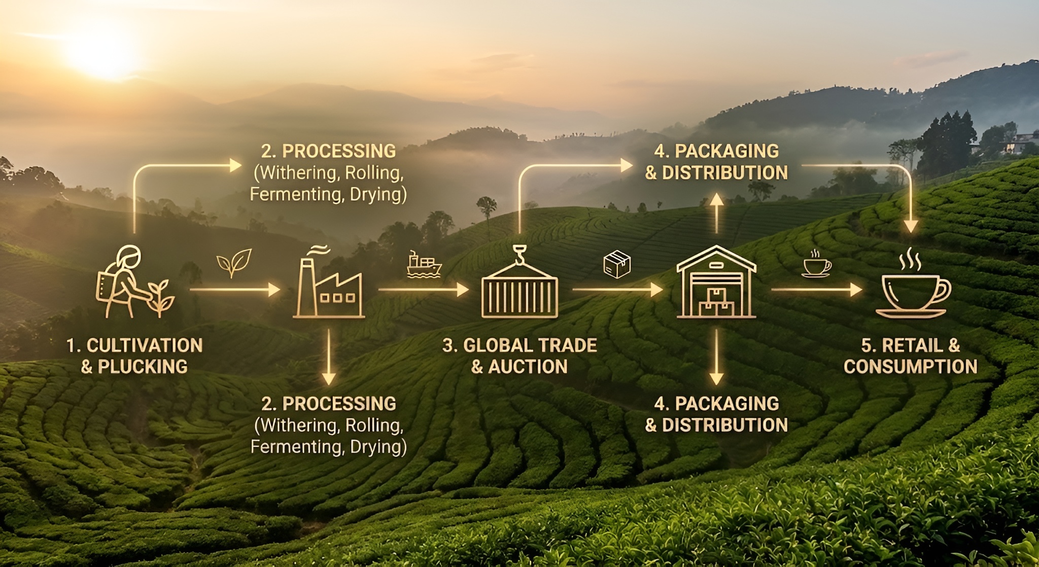 A pie chart breakdown of tea costs overlaid on a plantation.