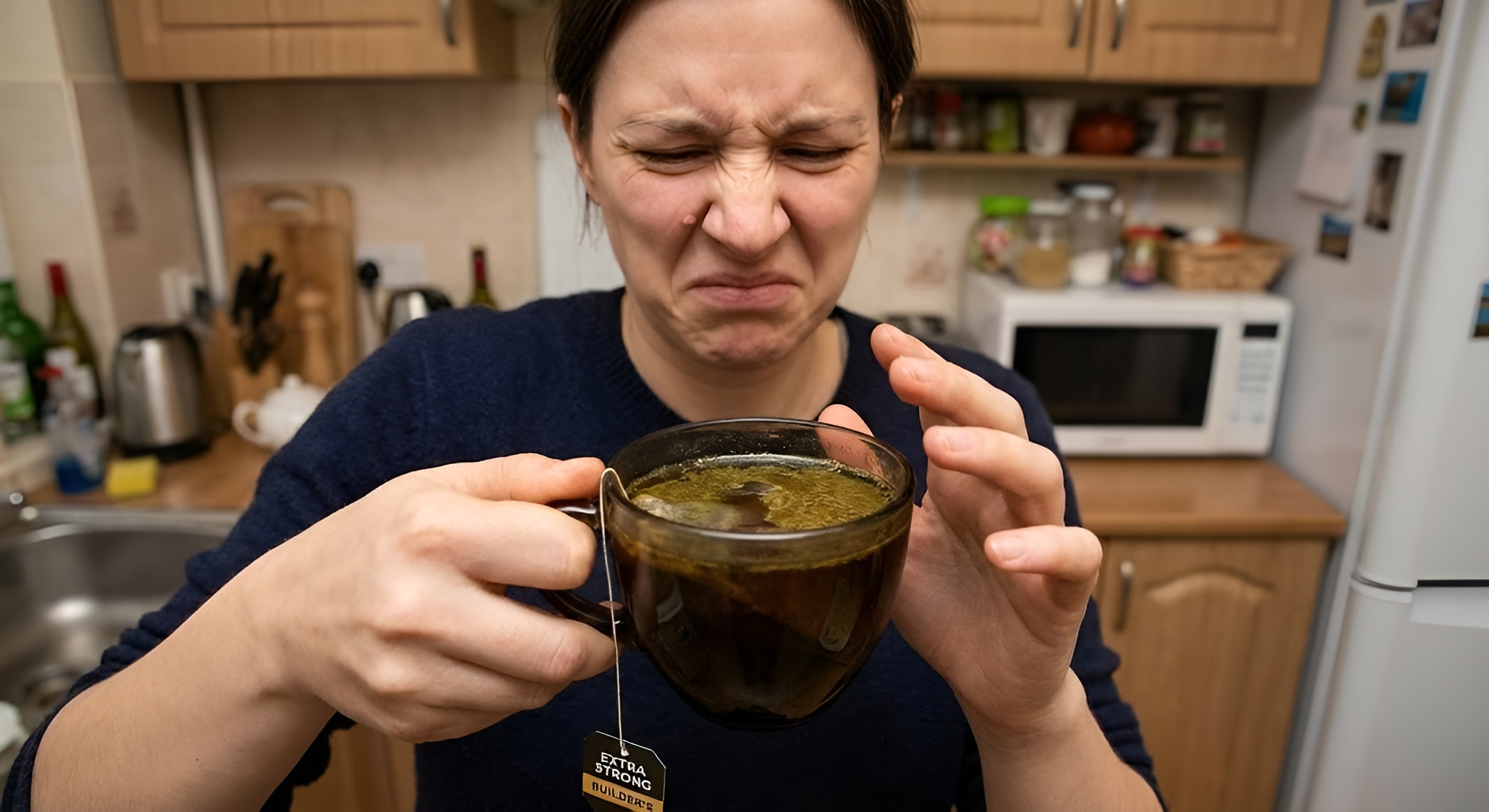 Molecular structure of tannins overlaying a cup of tea.