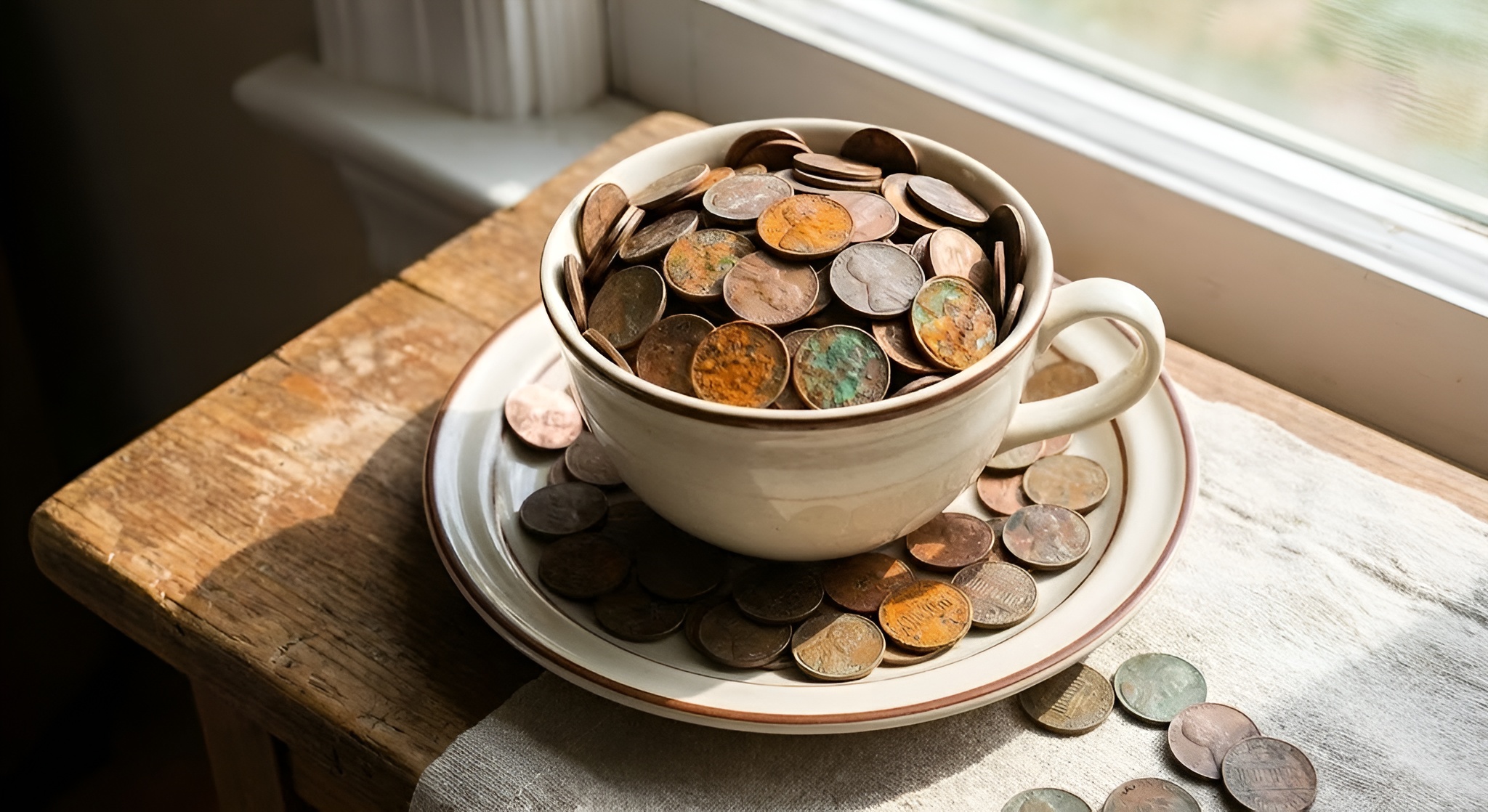 Cup of tea with rusty coins and kettle.
