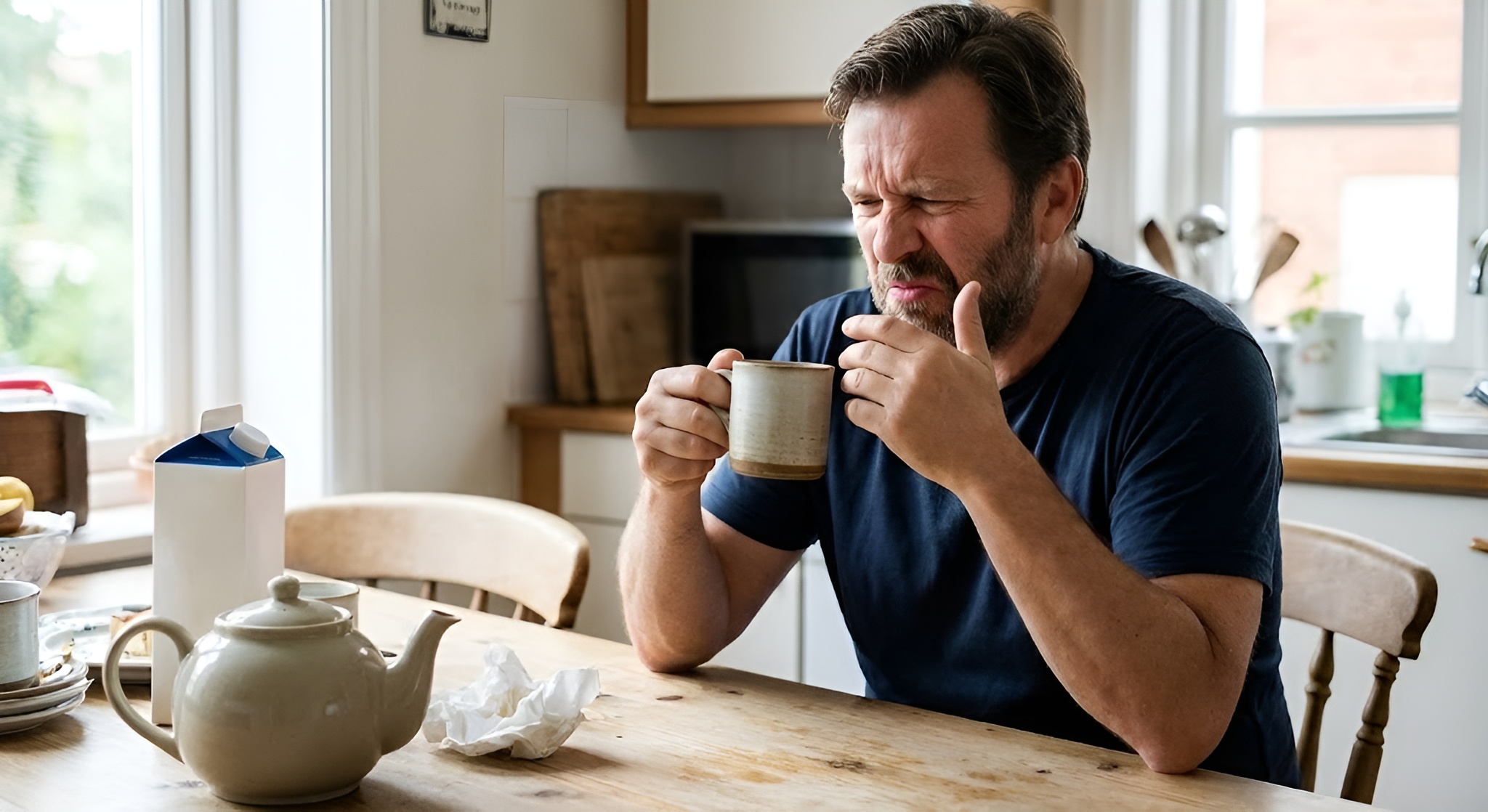 A person inspecting a cup of tea with a concerned expression.