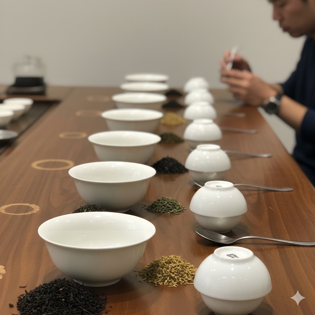 A row of white tea tasting cups and bowls used for professional cupping.