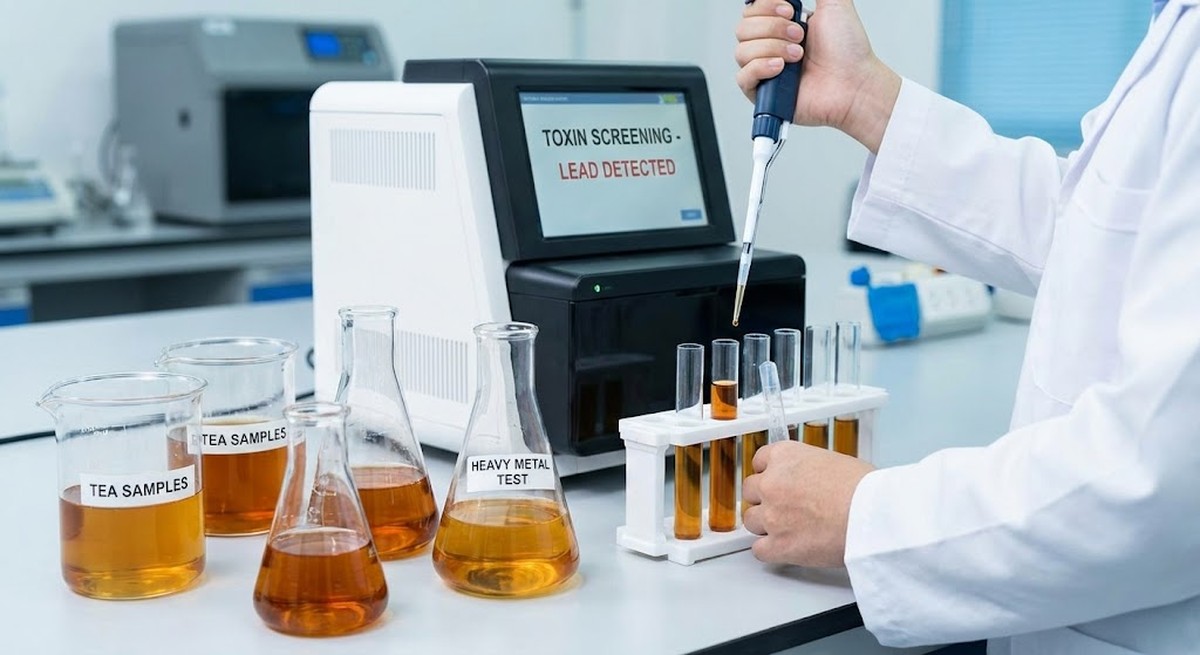 Laboratory glassware with tea samples being tested for heavy metals and toxins.