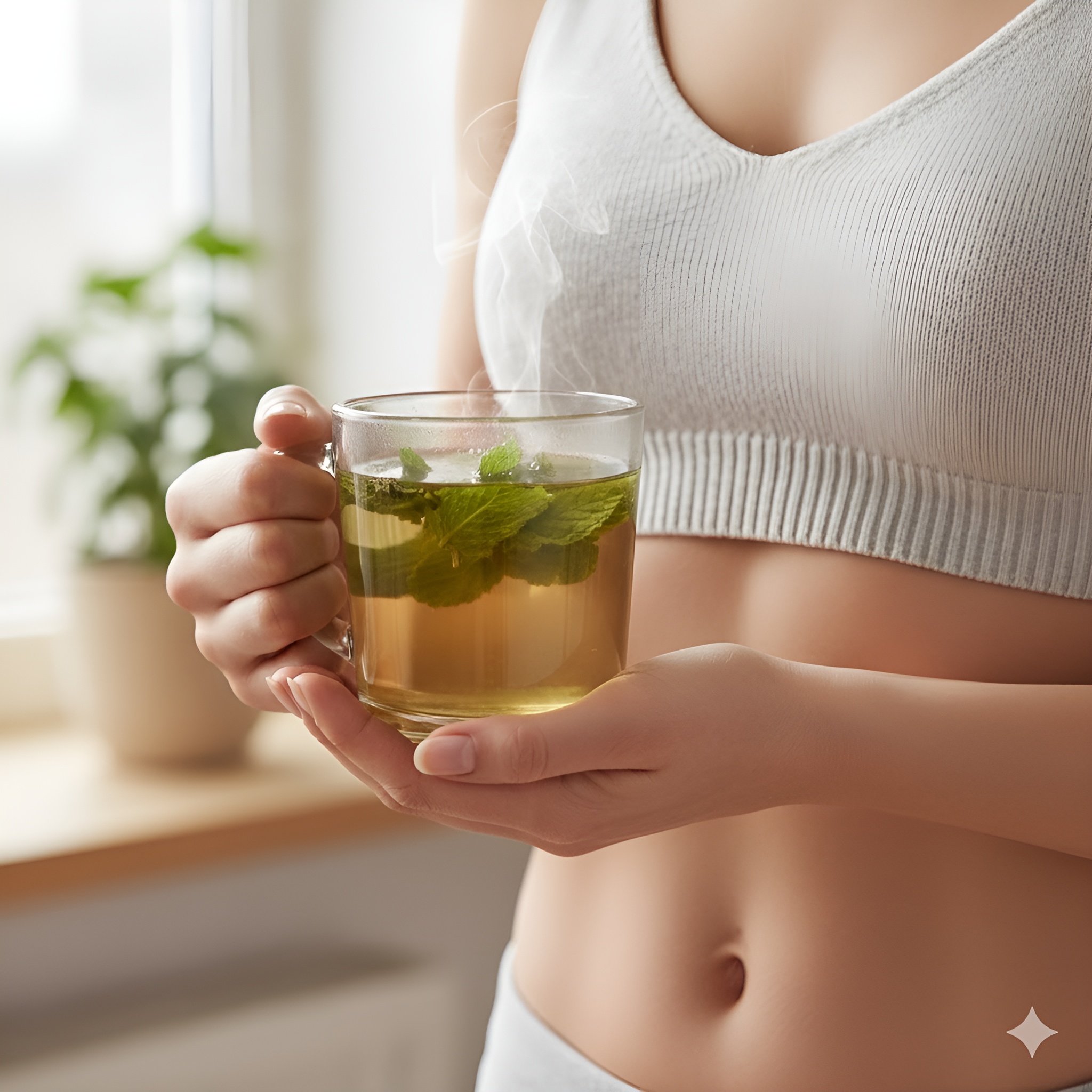 hands cradling a peppermint tea infront of a woman's flat stomach in a crop top.