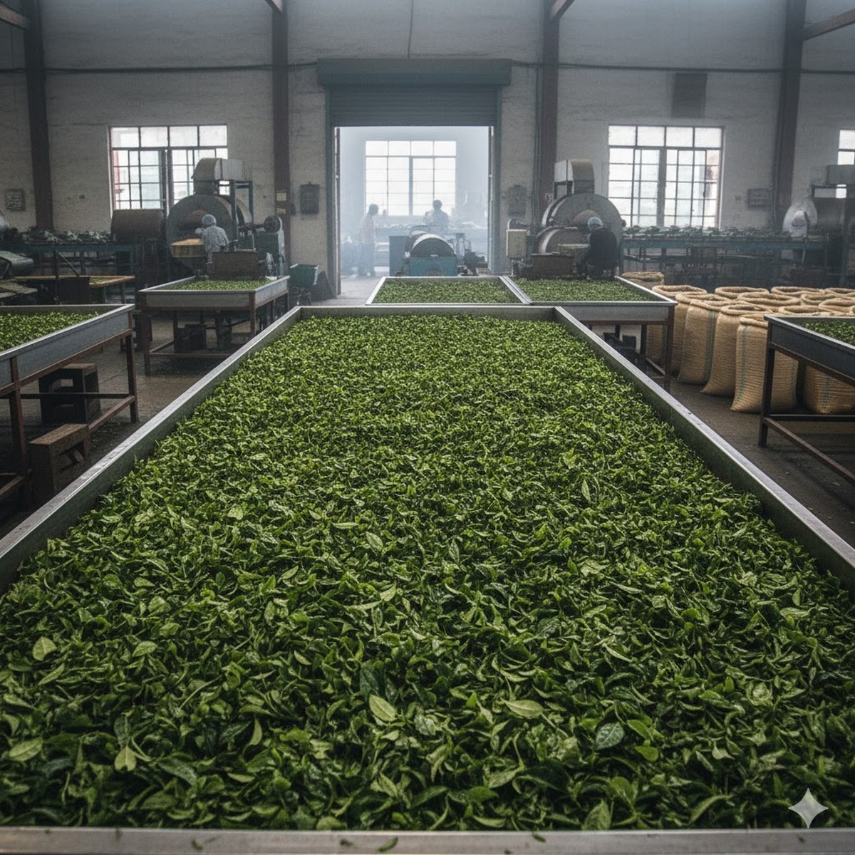 A withering trough full of freshly plucked tea leaves with a backdrop of a tea processing factory.