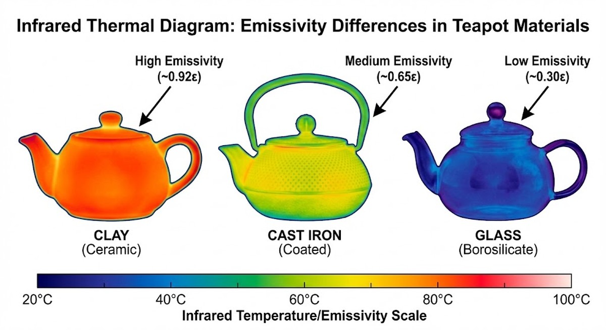 Infrared thermal diagram showing emissivity differences between teapot materials.