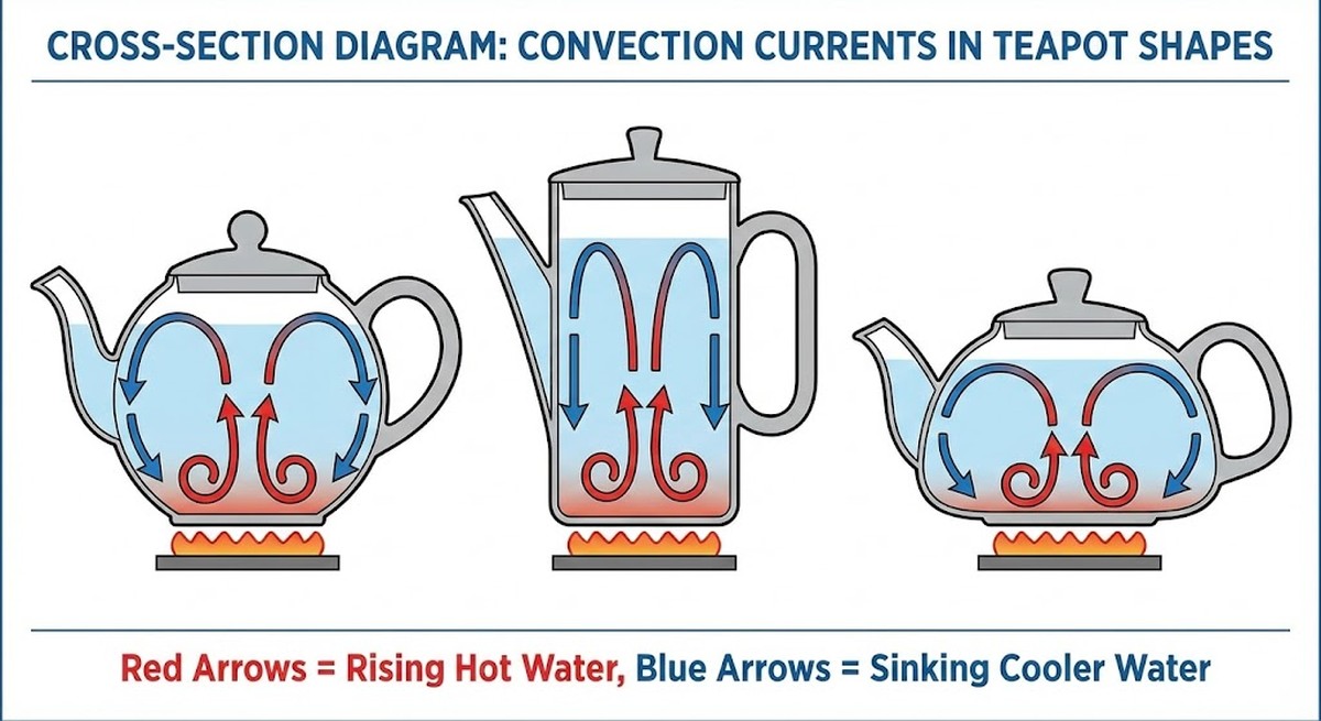 Cross-section diagram showing convection currents in different teapot shapes.