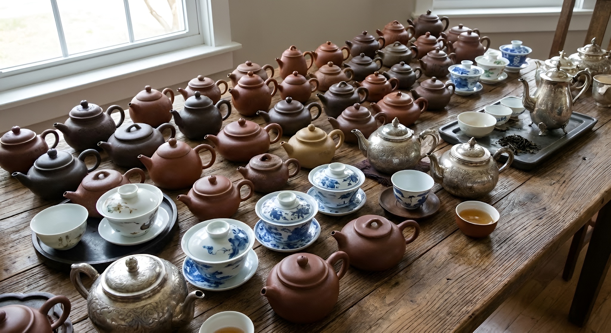 A collection of clay and porcelain teapots.