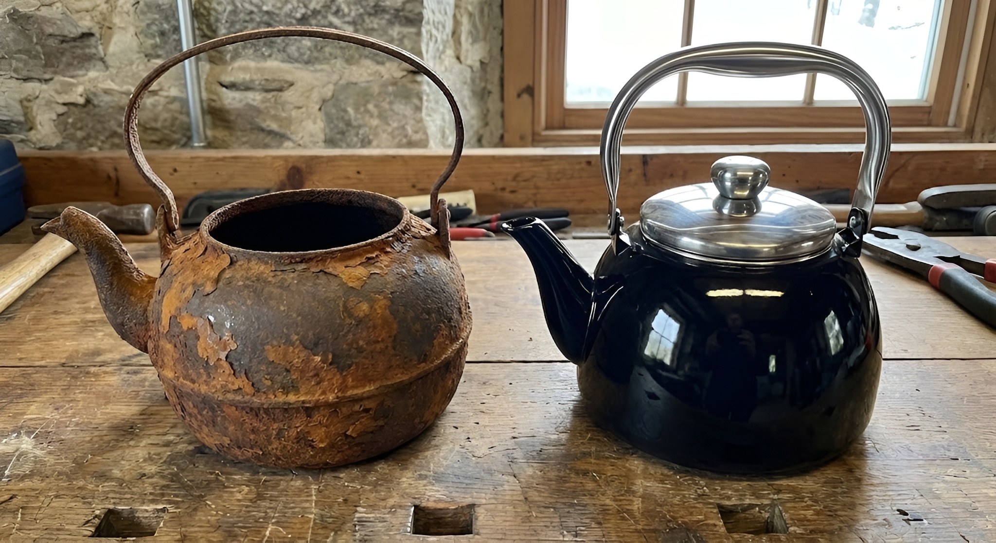 A rusting raw iron tetsubin kettle.