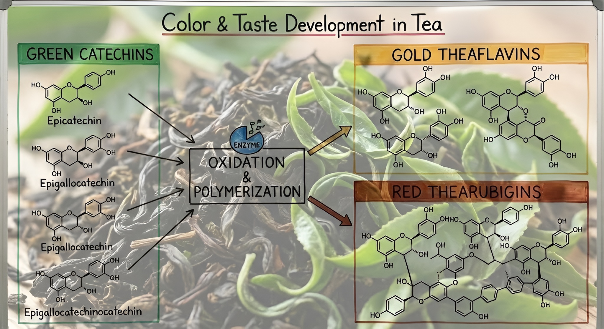 Chemical conversion of green tea to black tea.